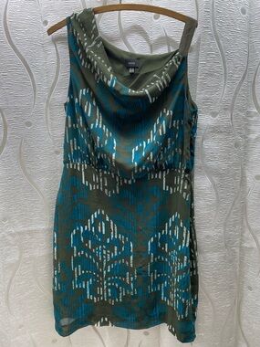 Mexx Sleeveless Dress Womens 16 Olive Green Turquoise Cowl Neck Abstract Print